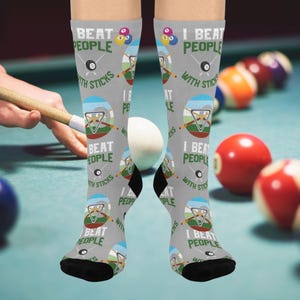 Billiard Fun Cushioned Crew Socks | I Beat People With Sticks | Unique Gift for Sport Lovers, Athletic Socks, Pool Socks, Funny Socks