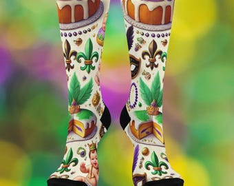 Mardi Gras Kings Cake socks, Mardi Gras gift, husband gift, brother gift, friend gift, birthday gift, Holiday Cushioned Crew Socks