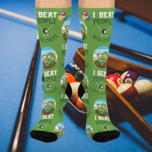 Billiard Fun Cushioned Crew Socks | I Beat People With Sticks | Unique Gift for Sport Lovers, Athletic Socks, Pool Socks, Funny Socks