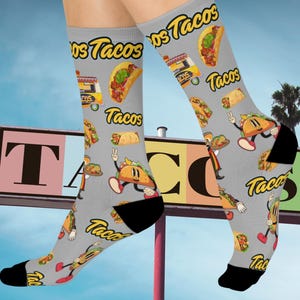 Funny Taco Cushioned Crew Socks, Fun Foodie Gift, Festival Wear, Comfortable Socks for Taco Tuesday, Unique Birthday Present