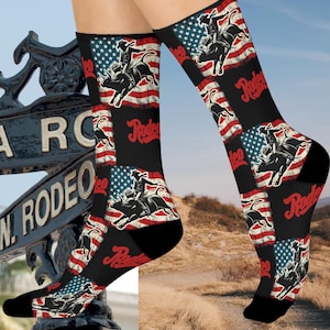 Rodeo socks, Rodeo Cowboy, girl socks, boy gift, Bull Riding gift, Rodeo gift, birthday Cushioned Crew Socks