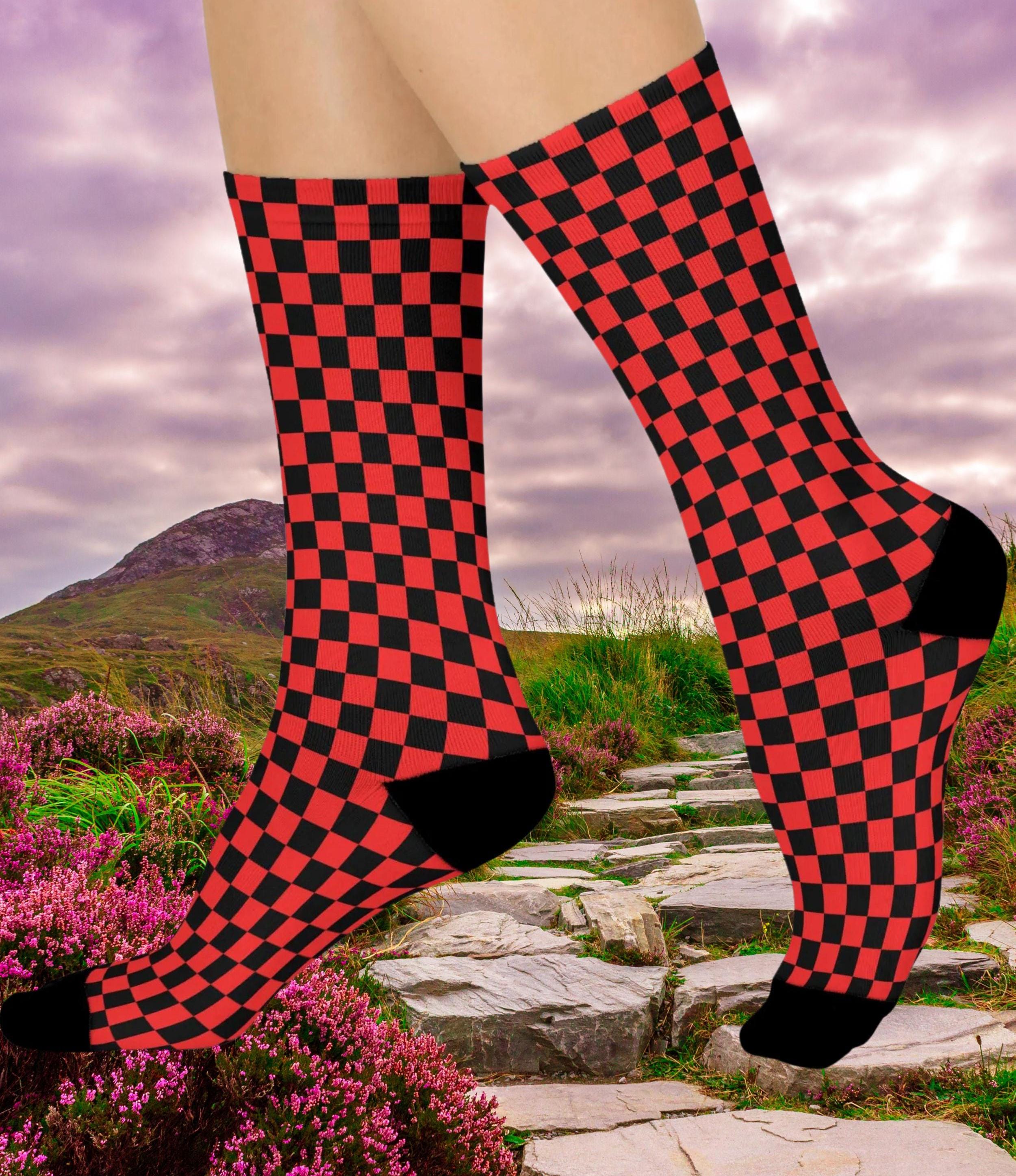 Retro Black and Red Checkerboard Cushioned Crew Socks | Gifts for Gamers, Cozy Athletics, Stocking Stuffers, Trendy