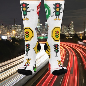 Traffic Signs Pattern Cushioned Crew Socks - Stoplight, Stop Sign, Railroad Sign, Unique Traffic Sign gift, Birthday, BFF, Fun Novelty sock