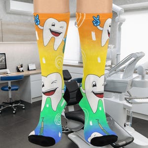 Fun Dental-Themed Cushioned Crew Socks, Colorful Tooth Socks for Dental Lovers, Gifts for Hygienists and Kids, Great for Everyday Wear, Fun