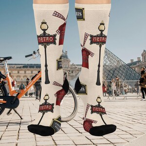 Vibrant Paris Themed Cushioned Crew Socks | Fun Gift for Travelers, Casual Wear, Holiday Stocking Stuffer, Unique Accessories