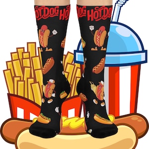 Funny Hot Dog Socks,  Food socks, Hot Dog gift, picnic gift, birthday Cushioned Crew Socks