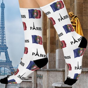 Vibrant Paris Flag-Themed Cushioned Crew Socks | Fun Gift for Travelers, Casual Wear, Holiday Stocking Stuffer, Unique Accessories