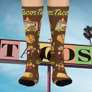 Cute Taco Cushioned Crew Socks, Fun Foodie Gift, Festival Wear, Comfortable Socks for Taco Tuesday, Unique Birthday Present