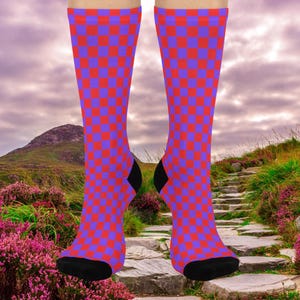 May include: A pair of red and purple checkered socks. The socks are shown against a backdrop of a mountain path with purple flowers.