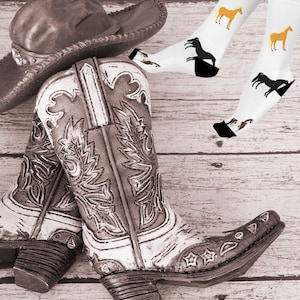 Western Horses socks, man gift, dad gift, cowgirl gift, wife gift,  husband gift, boyfriend gift, cowboy gift, birthday Cushioned Crew Socks