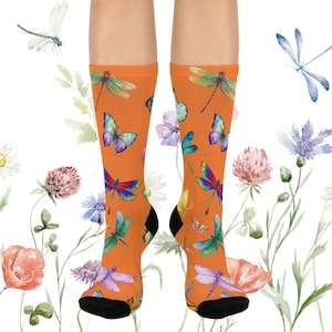 Dragonflies and butterflies socks, butterfly socks, man socks, friend gift,  dragonfly gift, birthday Cushioned Crew Socks