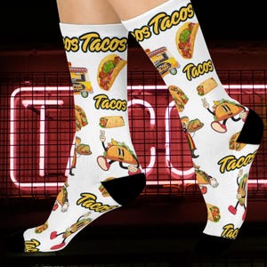 Taco Lover Cushioned Crew Socks, Fun Foodie Gift, Festival Wear, Comfortable Socks for Taco Tuesday, Unique Birthday Present