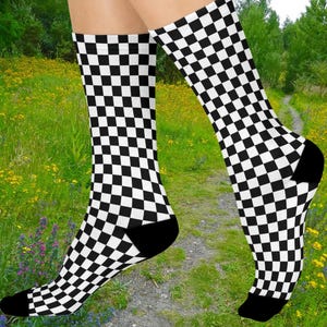 Retro Black and White Checkerboard Cushioned Crew Socks | Gifts for Gamers, Cozy Athletics, Fashion Socks for Daily Wear, Trendy