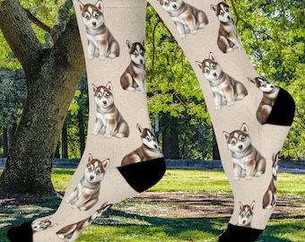 Cushioned Husky Crew Socks – Adorable Puppy Print, One Size Fits Most, Husky Lovers gift, Dog Lovers, Birthday, Pet Owner, Friends gift