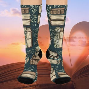 Book Lover&#39;s Delight socks, Book Lover gift,  Cozy Socks Covered in Books, Cushioned Crew Socks