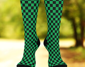 Retro Black N Green Checkerboard Socks - Perfect Checkerboard gift, Gifts for Gamers, Cozy Athletics, s,, Holiday, BFF gift