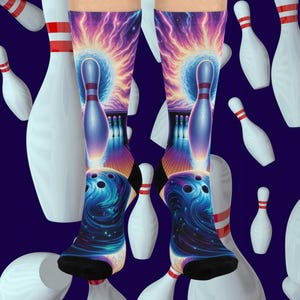 Cosmic Bowling Crew Socks – Galaxy Pins, Stars, Sports Team Gift, Fun Bowler Gift, Bowlers gift, Bowling Team, Birthday present, Under 25