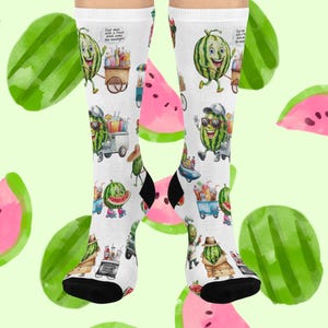 Funny Watermelon Character Cushioned Crew Socks, Fun Fruit Design, Novelty Footwear, Cute Foodie Gift, Colorful Patterned Socks, Summer