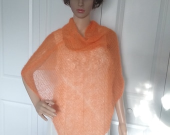 Hand Knitted Mohair Poncho Orange Serape Mohair Scarf/Head Cover/Poncho Summer Beach Cover-up