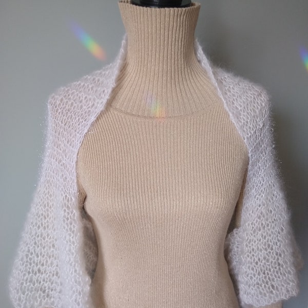 Hand Knitted Beaded Shrug Handmade White Mohair Shrug/Scarf "One Love"