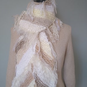 Striped Scarf &quot;Peace&quot; / Handmade / White and Tan Scarf / Hand Knitted / Hippie Boho / Ready to ship / On Sale