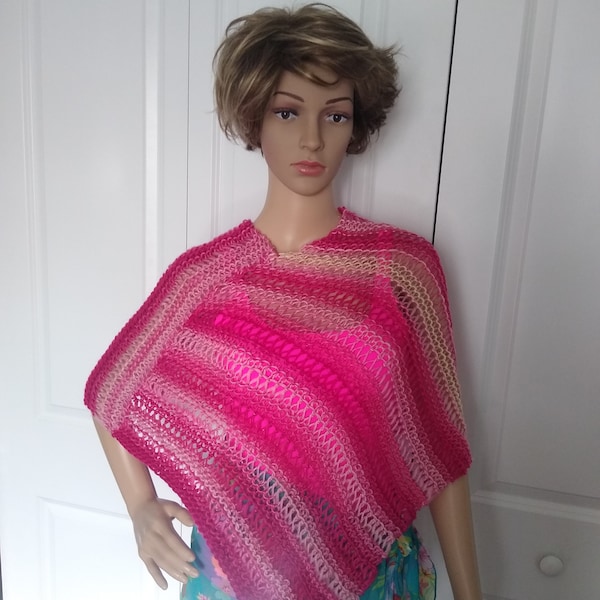 Hand Knitted Poncho "Seashore" Lightweight Pink Swimsuit Cover-up Beachwear