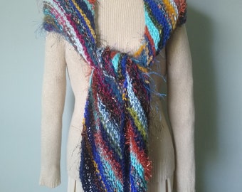 Striped Knit Scarf "Festival" / Handmade Wrap / Hand Knitted Shawl / Ready to ship / Boho Hippie / On Sale