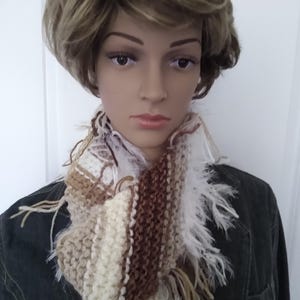 White and Tan Scarf &quot;Sway&quot; Hand Knitted / Hippie Boho / Handmade / Ready to ship / On Sale