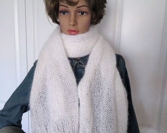 Hand Knitted Blanket Scarf "Countess" White Mohair Scarf/Wrap