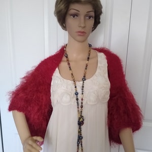 Red Faux Fur Shrug &quot;Ruby Tuesday&quot; / Party Shrug / Cropped Cardigan /  Bolero / Hand Knitted / Sweater / Wearable Art