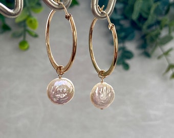 PEARLS and GOLD HOOPS! Gold Filled Hoop Earrings with Beautiful, Iridescent Freshwater Coin Pearls! Simple and Elegant!!