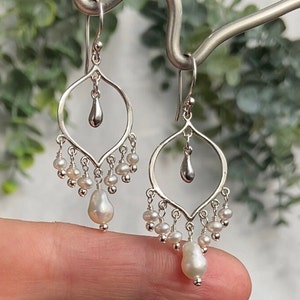 PEARL CHANDELIER EARRINGS with Iridescent Freshwater Pearls, Sterling Silver Teardrops and Arabesque Sterling Ear Wires!
