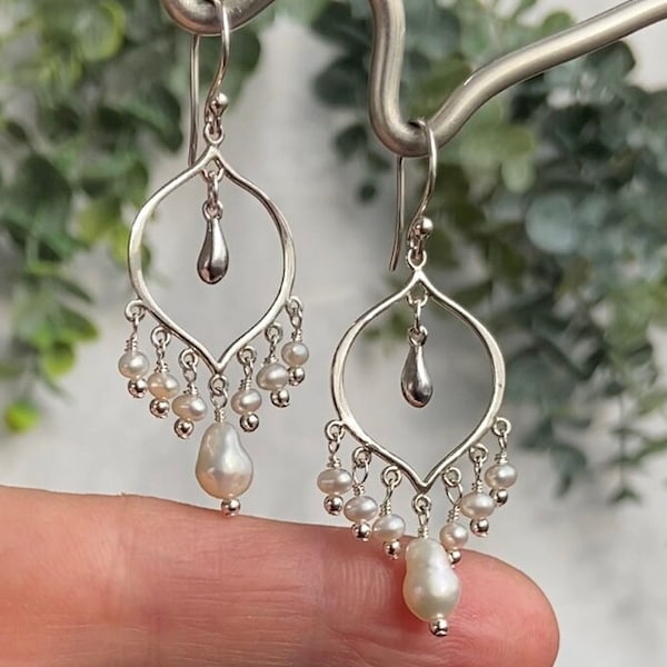 PEARL CHANDELIER EARRINGS with Iridescent Freshwater Pearls, Sterling Silver Teardrops and Arabesque Sterling Ear Wires