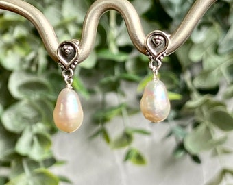 BEAUTiFUL LUSTROUS, BAROQUE PEARLS!! Teardrop Freshwater Pearls Hang from Unique Sterling Silver Post Ear Wires