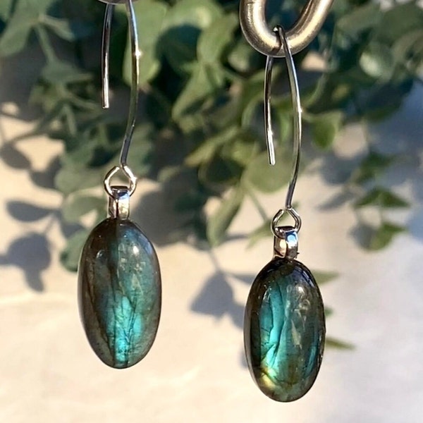 LABRADORITE!! LARGE, FLASHiNG LABRADORITE Gemstones with Fiery Blues and Greens Hang from Almond Shaped Sterling Silver Ear Wires!!