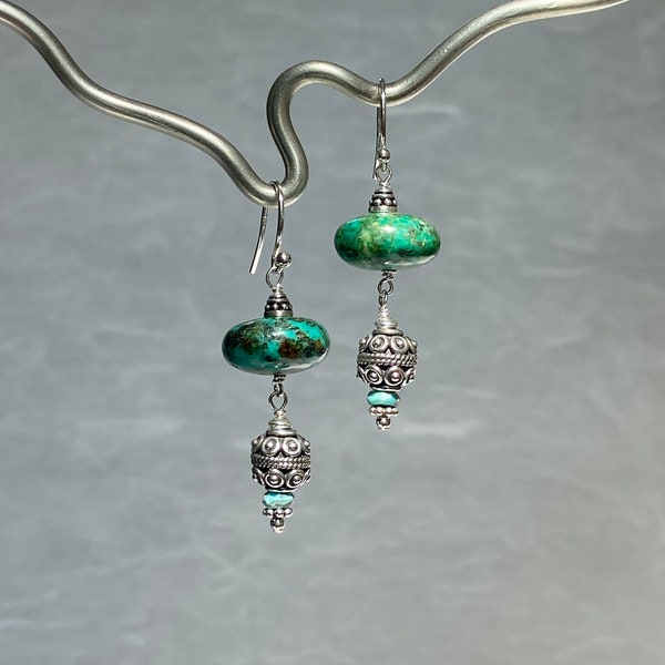 AFRICAN TURQUOISE Rondelles, Intricate Bali Sterling Silver Beads and Turquoise Hang from Sterling Silver Ear Wires!