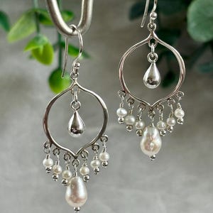 Pearl and Sterling Silver Teardrop Chandelier Earrings