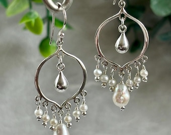 Pearl and Sterling Silver Teardrop Chandelier Earrings