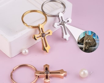 Photo Projection Keychain, Custom Photo Keychain, Cross Pet Photo Keychain / Projection Keyring, Pet Loss Gift For Pet Lover Him Her