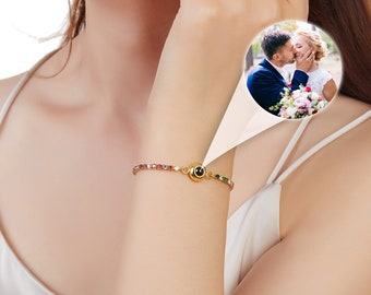 Photo Projection Bracelet With Colorful Gemstones Chain - Handmade Photo Jewelry for Christmas, Gift for Mom Lover Bestfriend Girlfriend Her