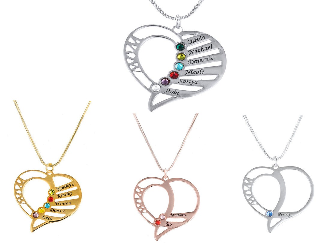 Sterling Silver Customize Family Members Birthstone Necklace Heart Name ...