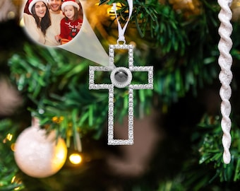 Custom Photo Projection Cross Christmas Ornament, Personalised Christmas Bauble, Christmas Gift Tree Decorations, Family Memorial Ornament