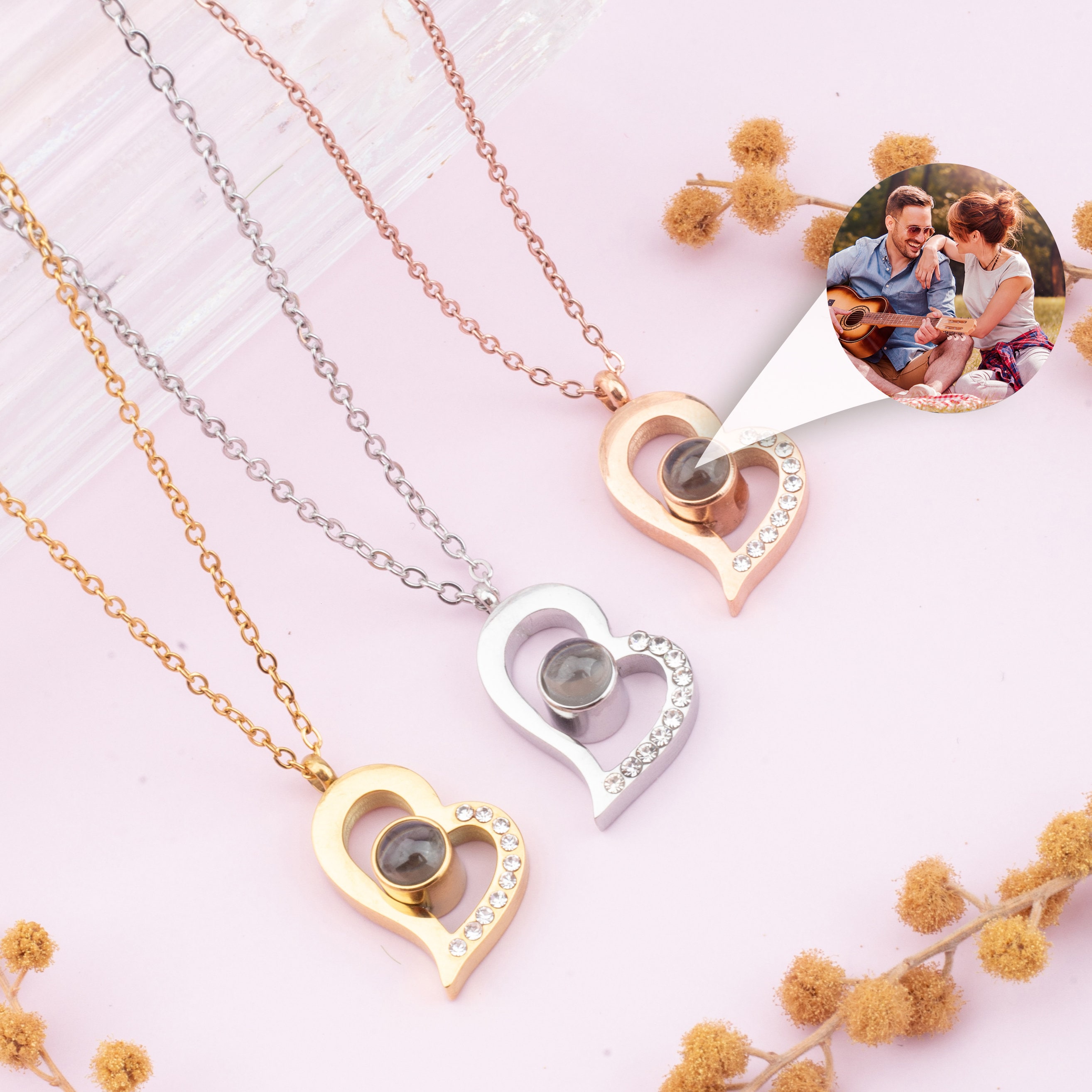 Custom Photo Necklace for Women - Personalized Picture Love Heart Projection Pendant - Customized Portrait Jewelry - Anniversary Birthday Memorial Gifts for Wife Girlfriend Mother Daughter - Gold