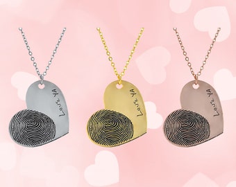 Custom Fingerprint Necklace | Engraved Silver Heart Fingerprint Jewelry | Personalized Handwriting Necklace | Keepsake Memorial Gift for Mom