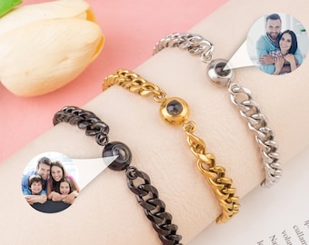 Bold Chain Photo Projection Bracelet, Custom Picture Bracelet, Memorial Bracelet, Men Boyfriend Bracelet, Photo Jewelry Gift For Dad Him Men