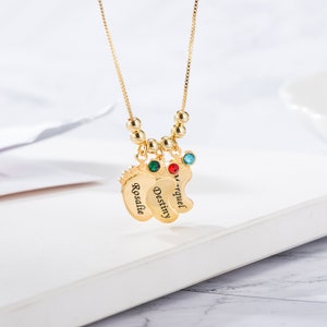 Personalized Mother's Necklace with Baby Feet  | Custom Footprint Baby Feet | Grandma Mom Necklace with Kids Names  | Birthstone Necklace