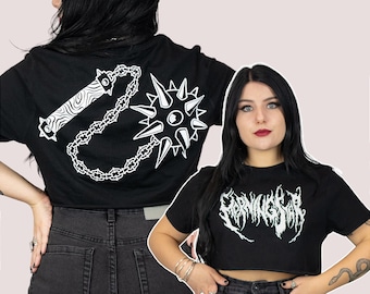 Gothic crop top, original printed t-shirt, artisan screen printing, handmade top, original dark illustrations, medieval flail