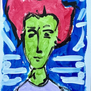 Original Green and Blue Abstract Portrait Artwork - Vibrant Mix Media Painting, Acrylic & Ink - 9”x12”