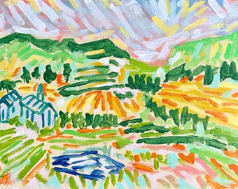 Dipinto di paesaggio di agosto, acrilico su tela, opera d'arte contemporanea, arredamento per la casa