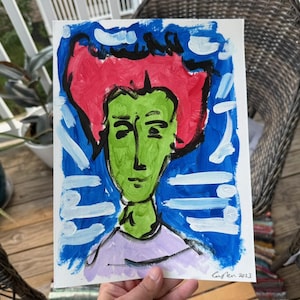 Original Green and Blue Abstract Portrait Artwork - Vibrant Mix Media Painting, Acrylic & Ink - 9”x12”